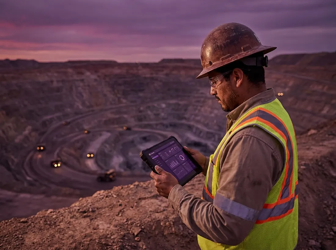 Ingeniero de minas usando tablet con dashboard en campo
